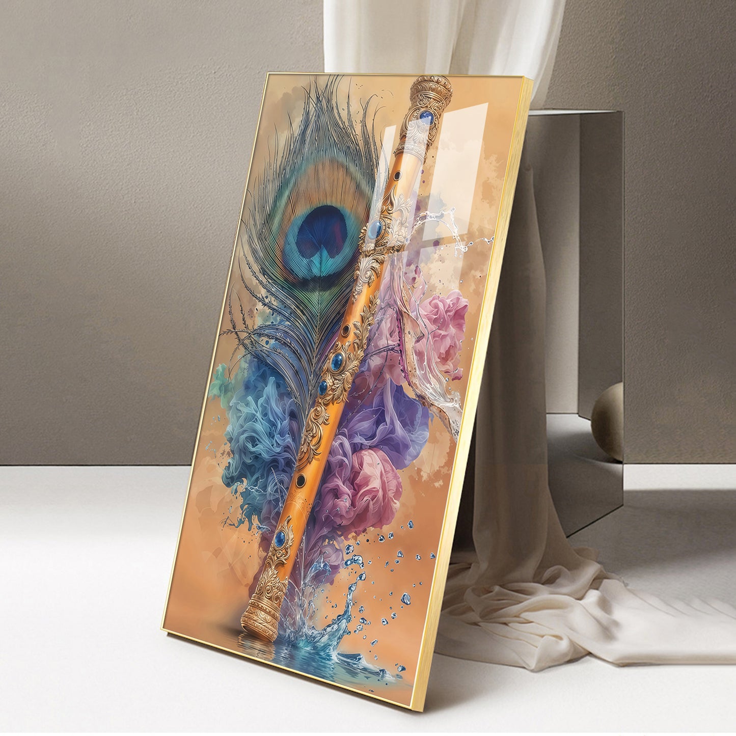 Peacock Feather With Flute Glass Finish Vertical wall Art