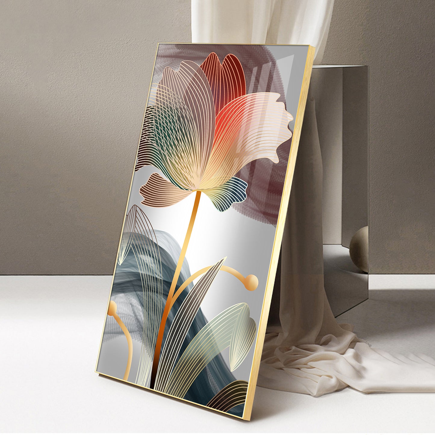 Floral Wave Glass Finish Vertical Wall Art