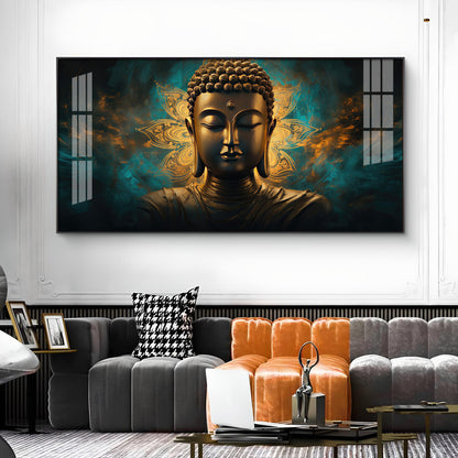 Lord Buddha Golden Glass Finish Horizontal Wall Art