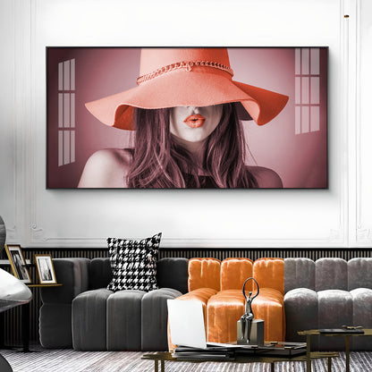 Modern Lady With Hat Glass Finish Horizontal Wall Art