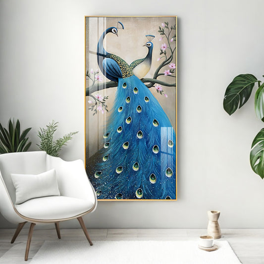 Dual Peacock Serenity Glass Finish Vertical Wall Art