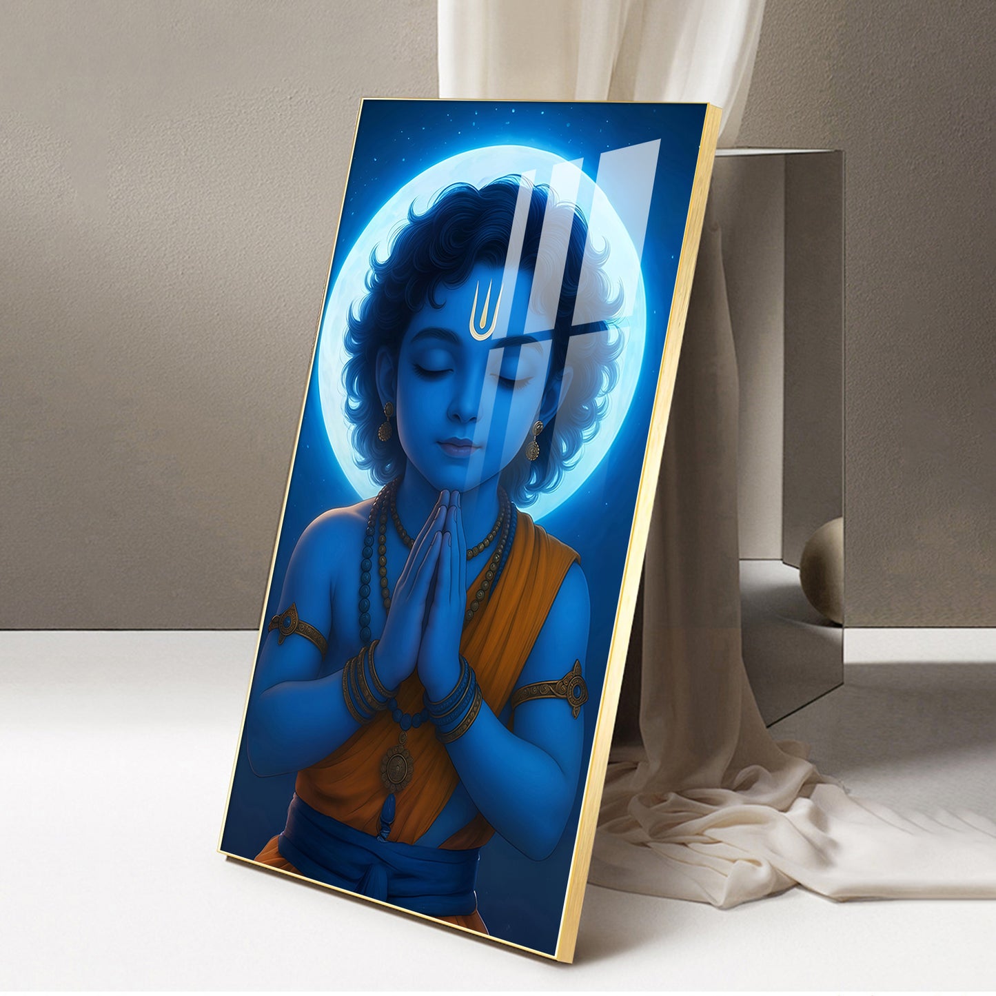 Praying Little krishna Glass Finish vertical Wall Art