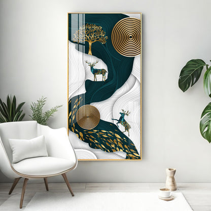 Deer and Tree Glass Finish Vertical Wall Art