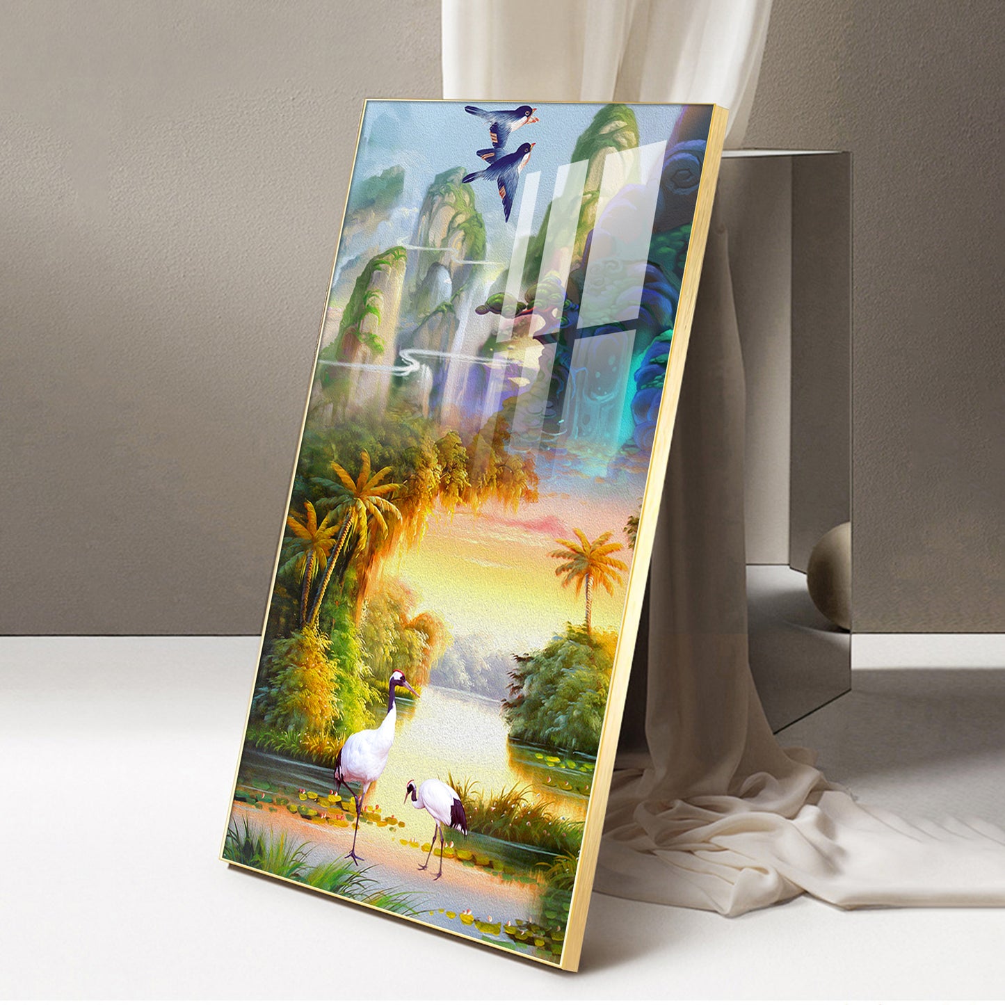 Birds in a Cascading Dream Glass Finish Vertical Wall Art