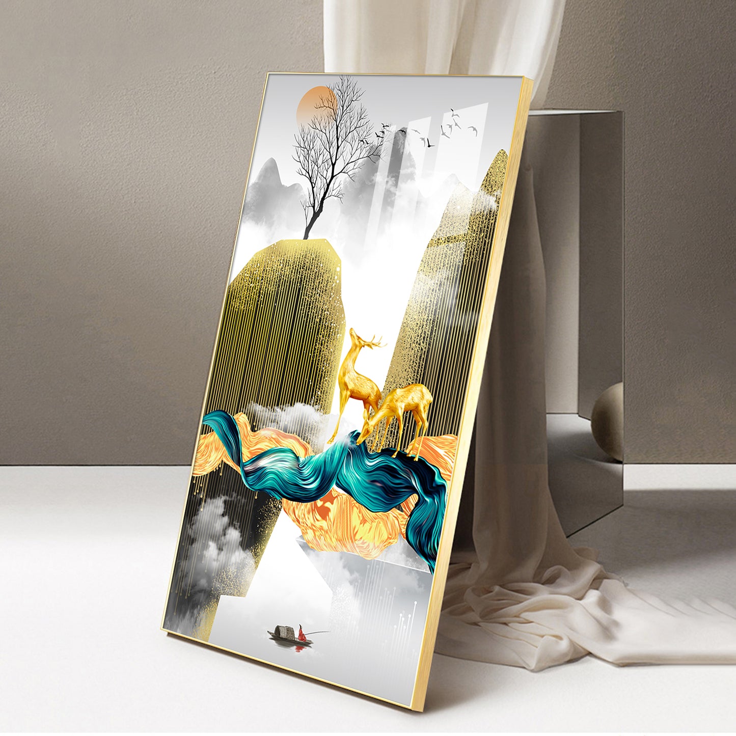 Deer In The Sky Glass Finish Vertical Wall Art