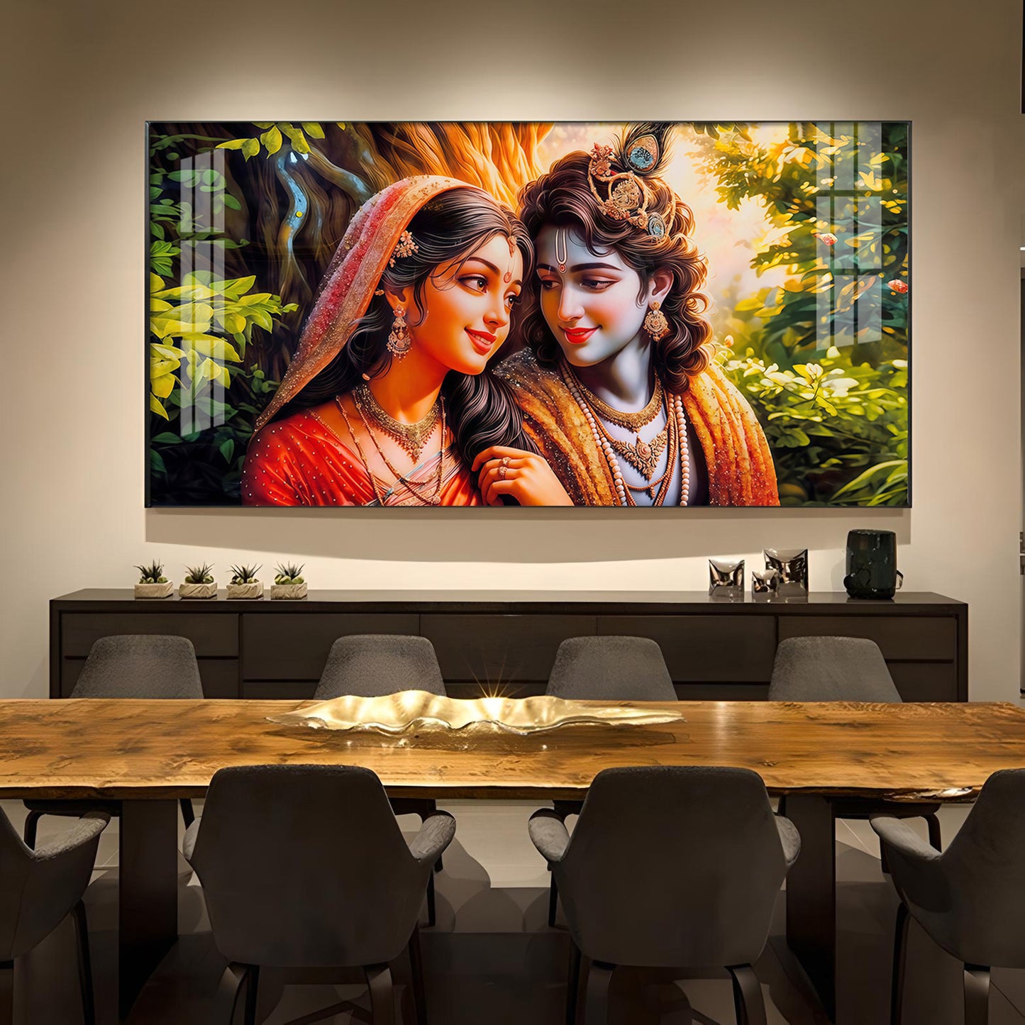 Loving Couple Radha and Krishna Glass Finish Horizontal Wall Art
