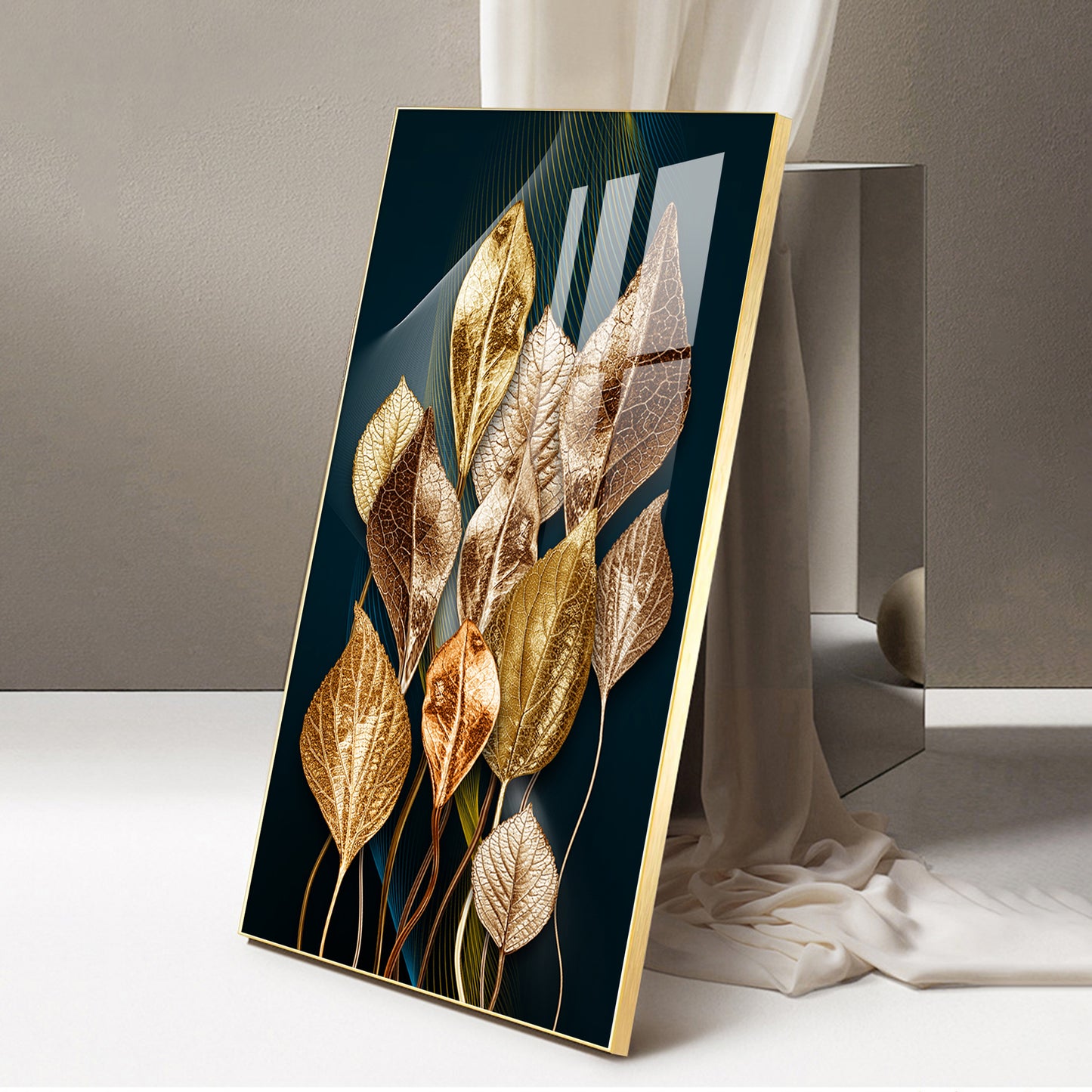 Golden Leafy Luxe Glass Finish Vertical Wall Art