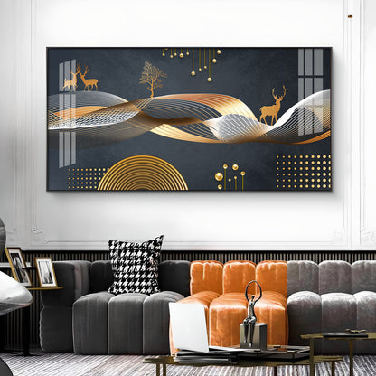 Night Landscape With Golden Deer Glass Finish Horizontal Wall Art