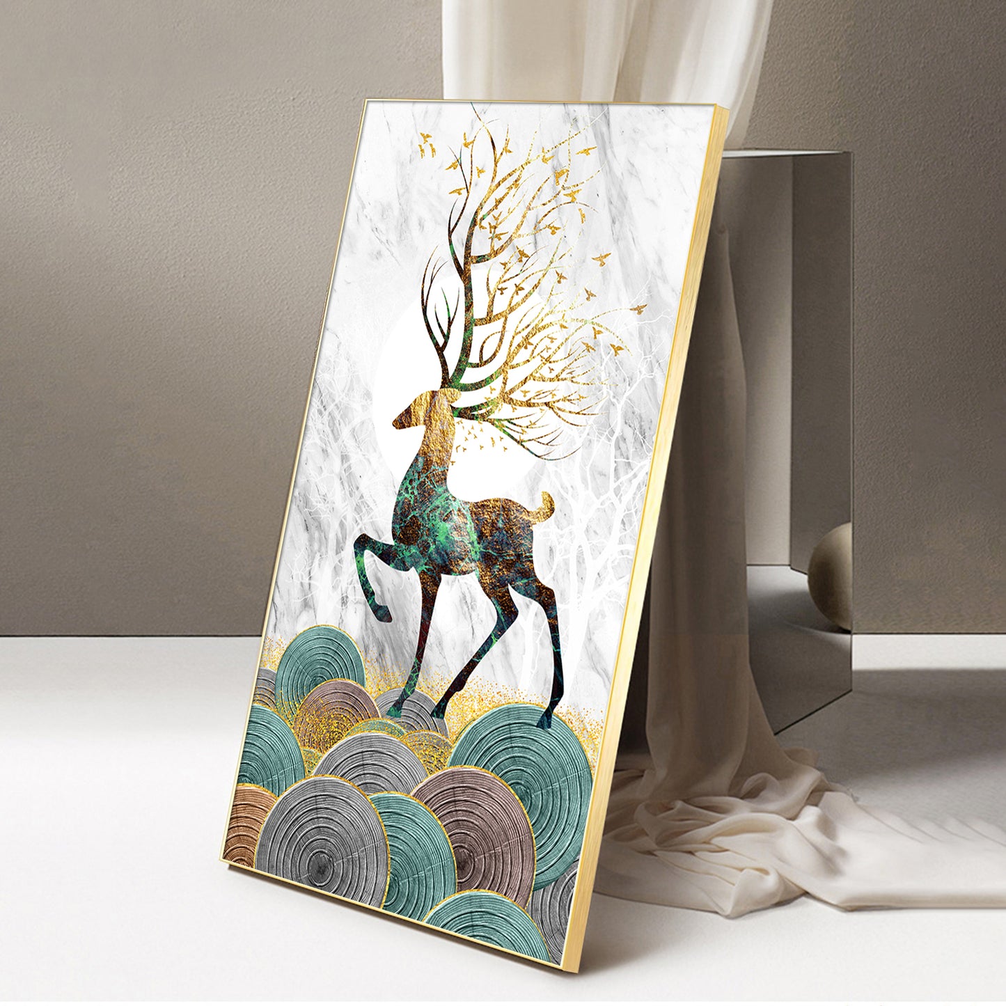 Deer and Its Branches Glass Finish Vertical Wall Art