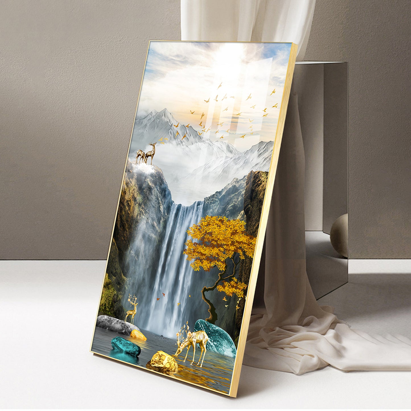 Alpine Gold Reindeer Waterfall Glass Finish Vertical Wall Art