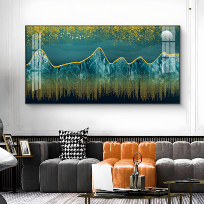 Dark Turquoise Mountains Glass Finish Horizontal Wall Art