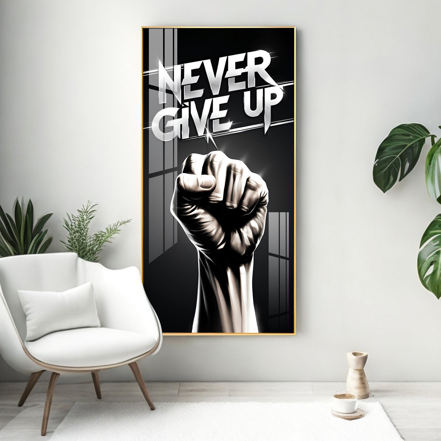 Never Give Up Motivational Quote Glass Finish Vertical Wall Art