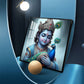 Baby Krishna With Peacock Glass Finish Square Wall Art