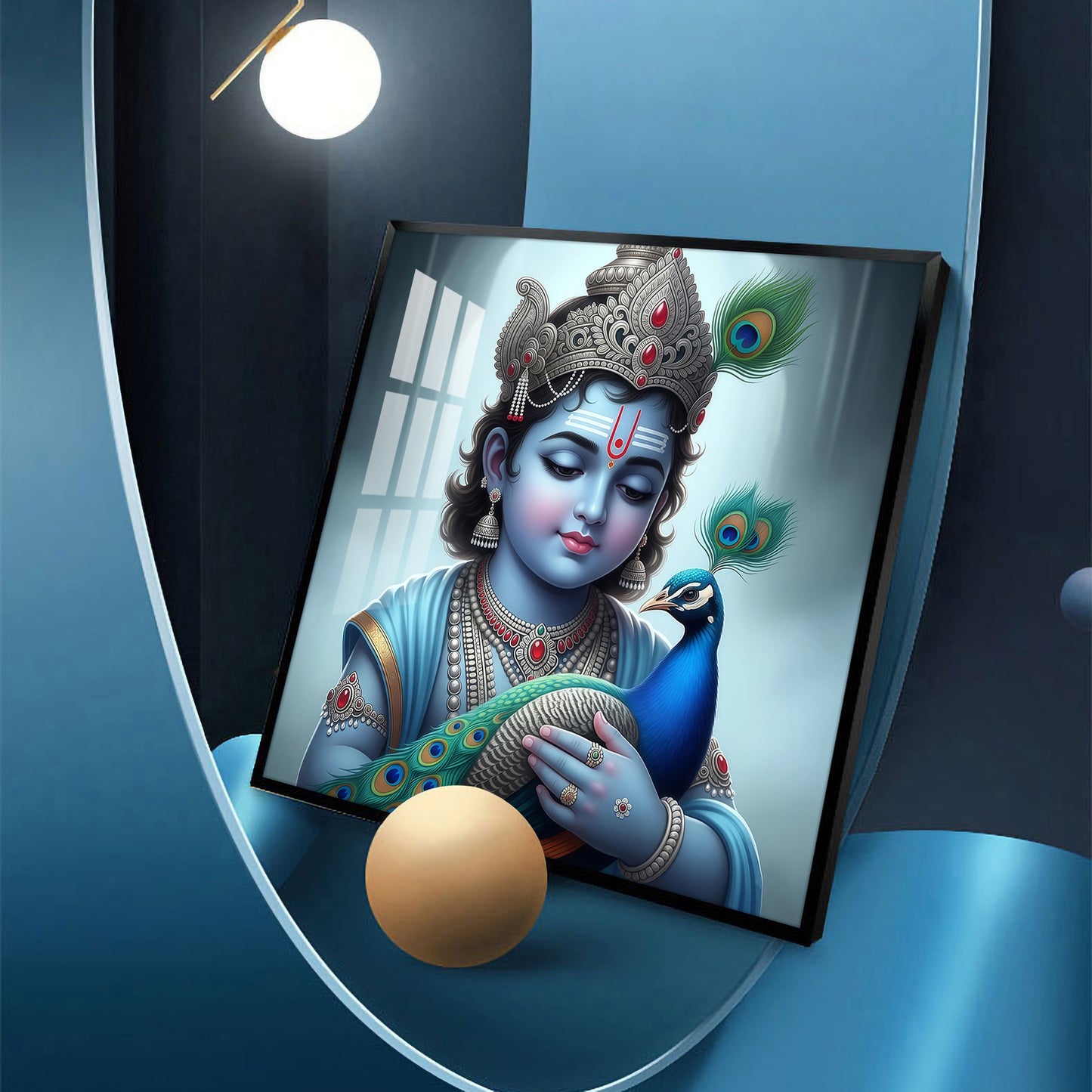 Baby Krishna With Peacock Glass Finish Square Wall Art