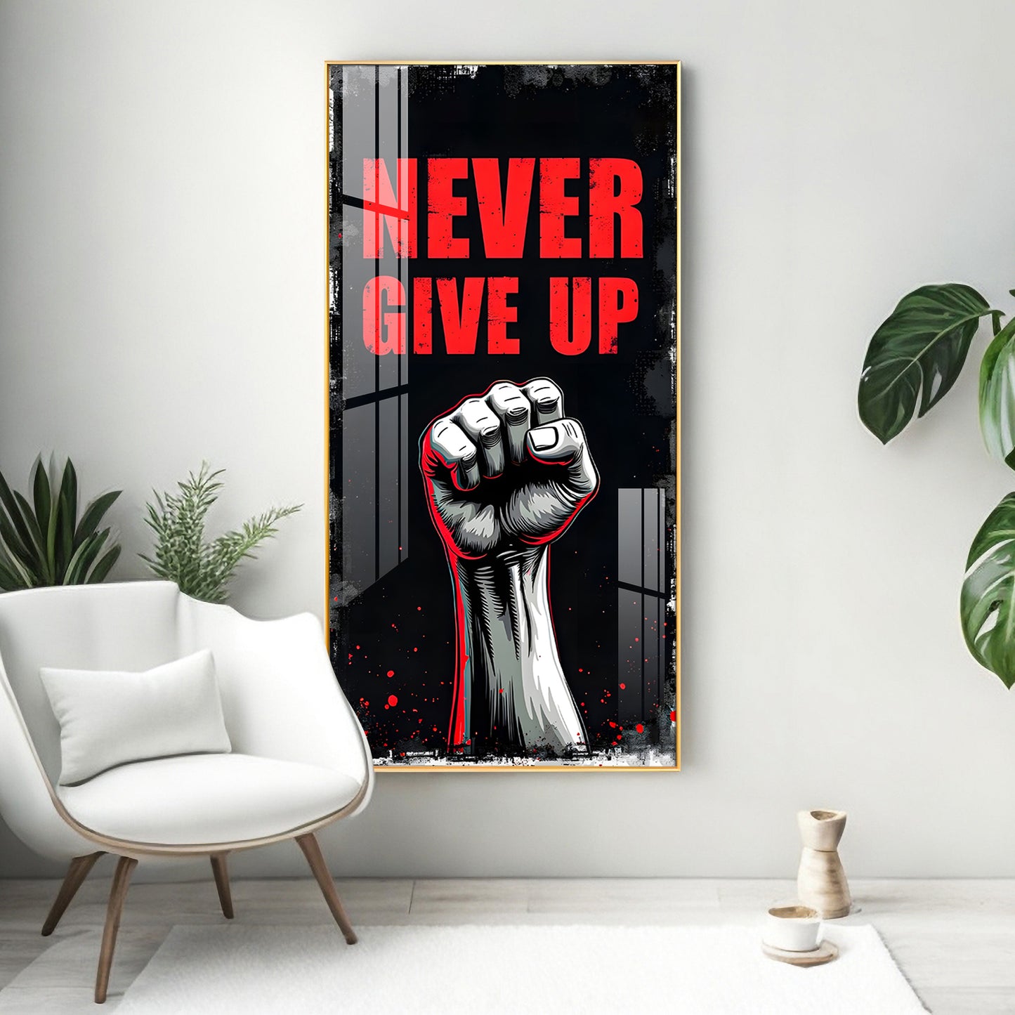 Never Give Up Glass Finish Vertical Wall Art