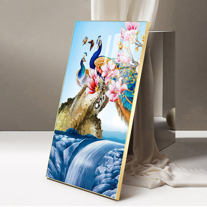 Peacock Amidst Floral Waters Glass Finish Vertical Wall Art