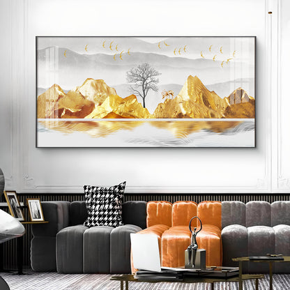 Golden Mountains And Birds Glass Finish Horizontal Wall Art