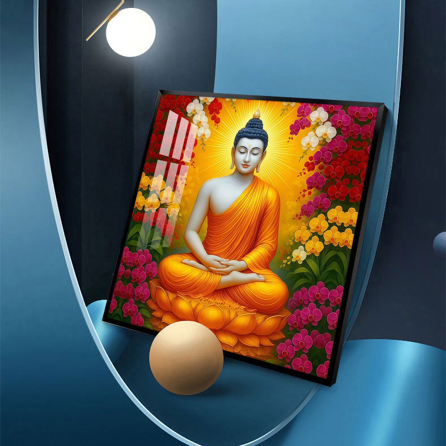 Serene Gautam Buddha Glass Finish Square Wall Art