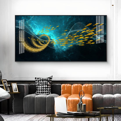 School Of Gold Fish Glass Finish Horizontal Wall Art