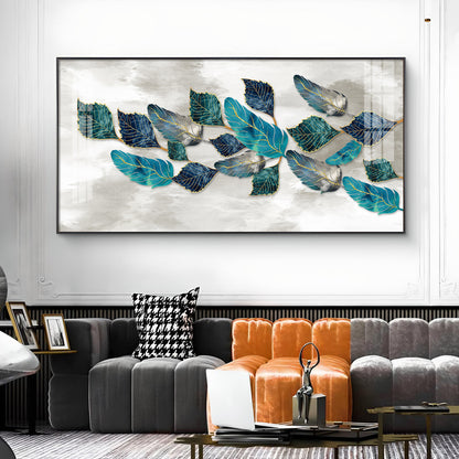 Turquoise Greay Leaves Glass Finish Horizontal Wall Art