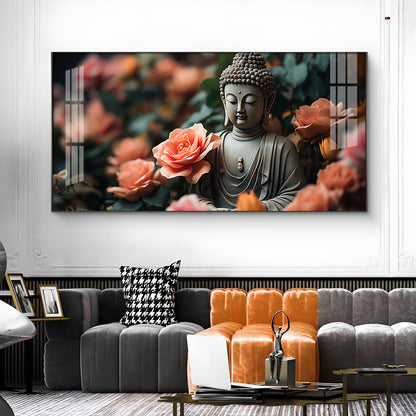 Calm Buddha With Flower Glass Finish Horizontal Wall Art