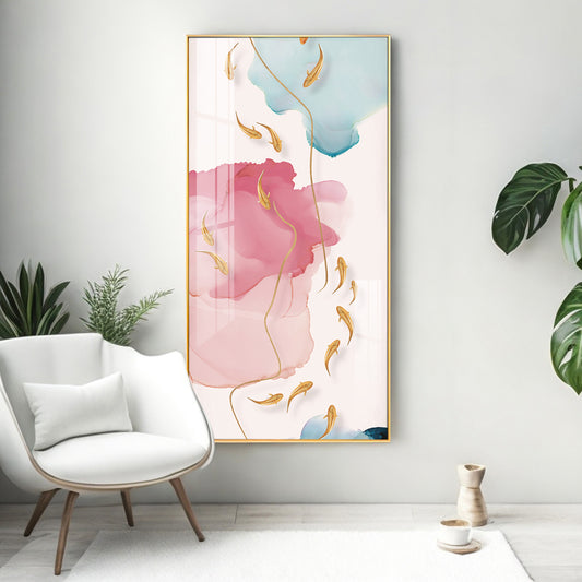 Pink and Blue Floral Glass Finish Vertical Wall Art