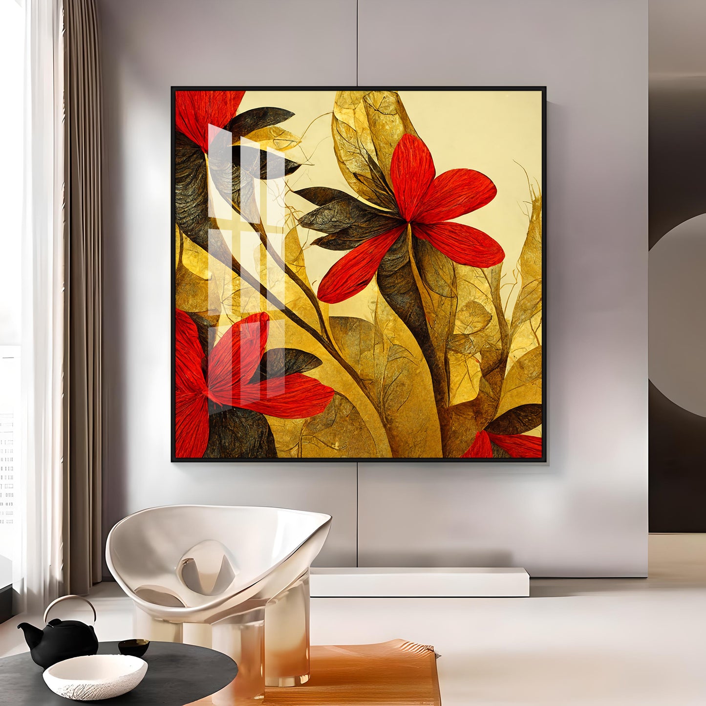 Scarlet Bloom Glass Finish Square Wall Art