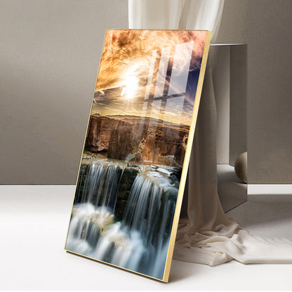 Dusk Over the Falls Glass Finish Vertical Wall Art