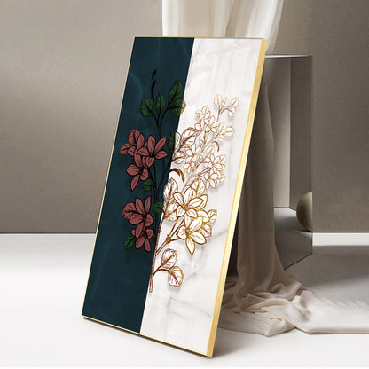 Dual Floral Marble Glass Finish Vertical Wall Art