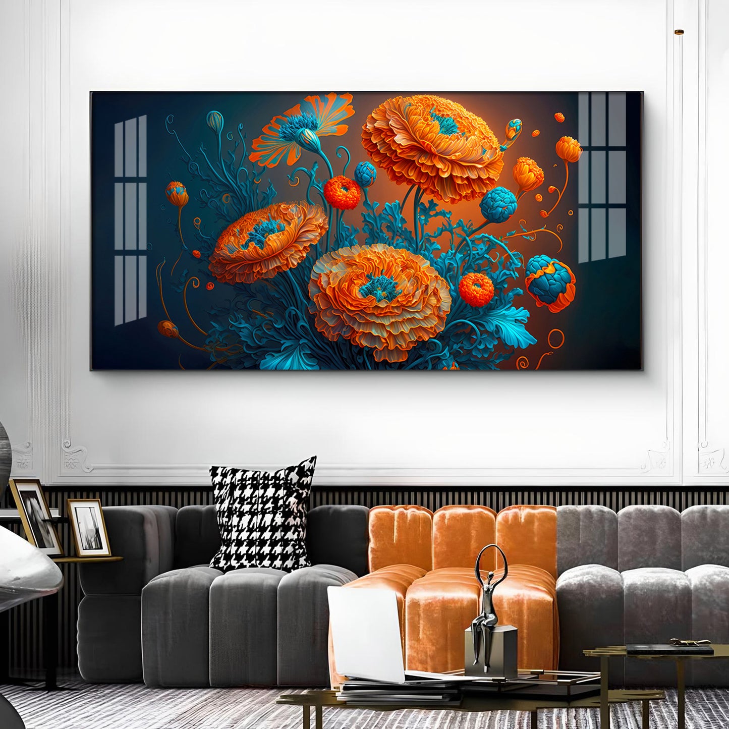 Blooming MariGold Flower Glass Finish Horizontal Wall Art