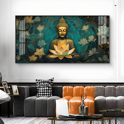 Golden Buddha With Lotus Glass Finish Horizontal Wall Art