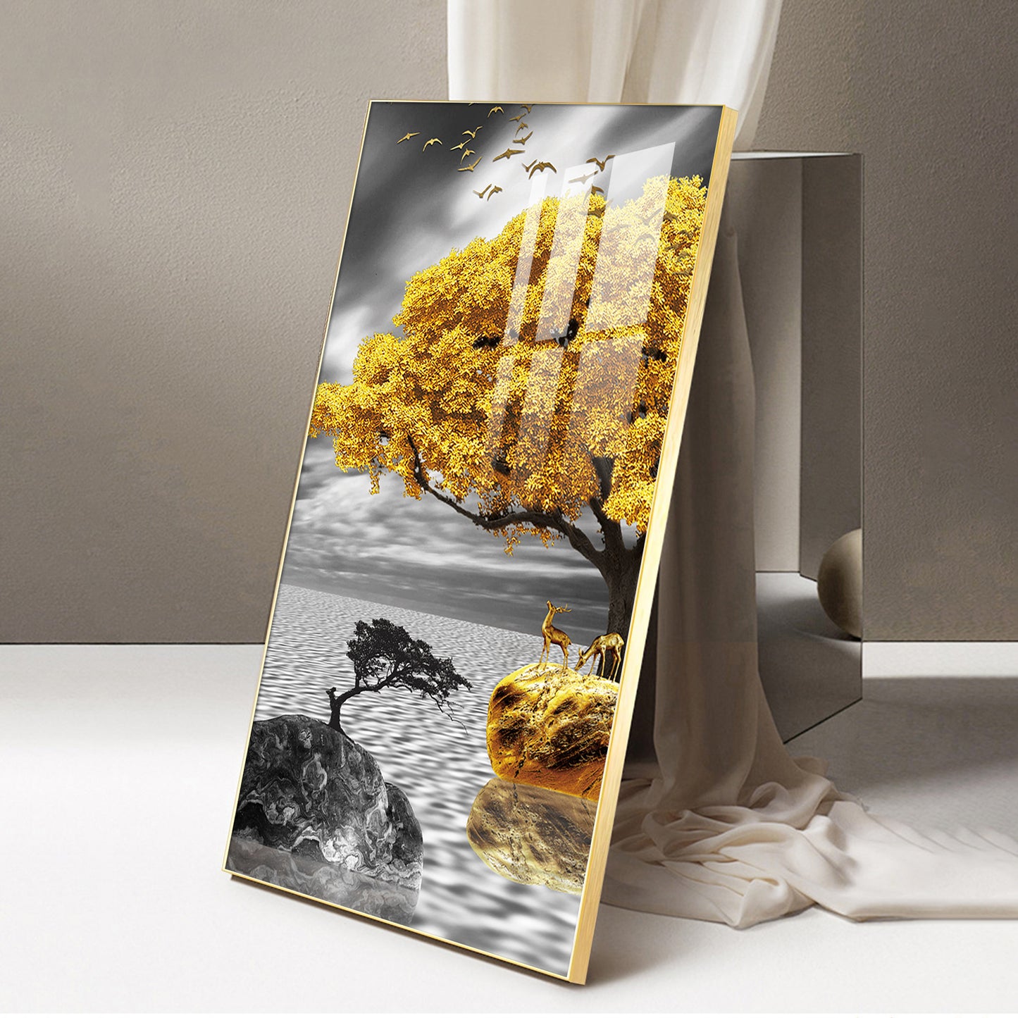 Golden Tree Oasis Glass Finish Vertical Wall Art