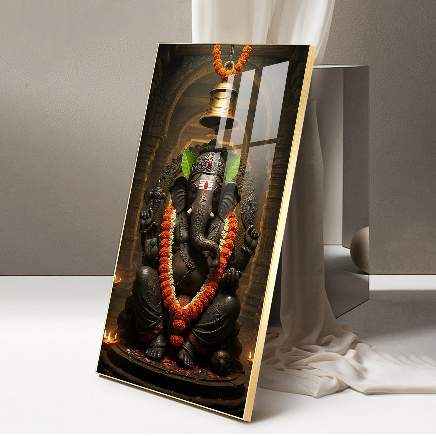 Lord Ganesh Blessing Glass Finish Vertical Wall Art