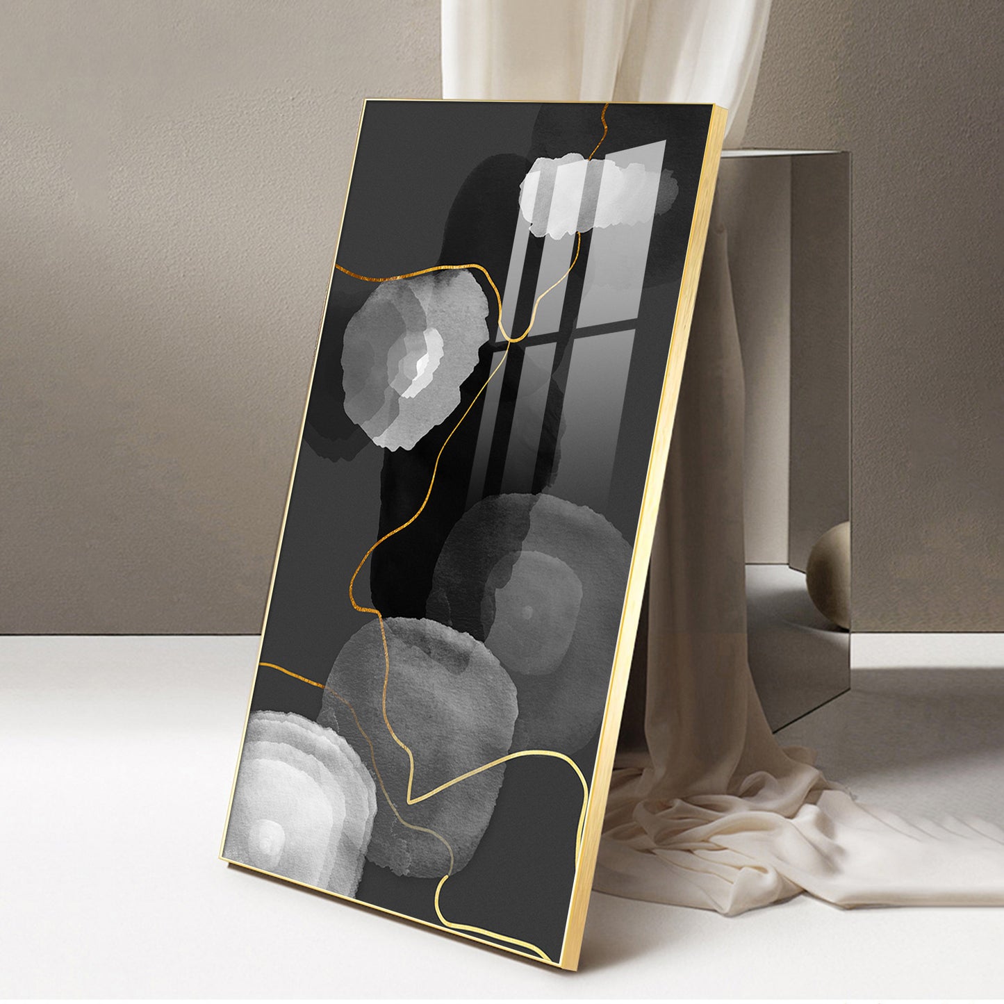 Black and White Symphony Glass Finish Vertical Wall Art