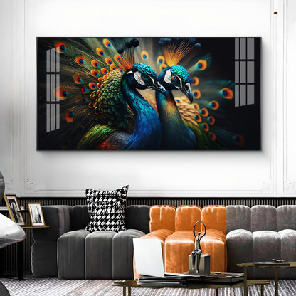 Peacock Duo Glass Finish Horizontal Wall Art