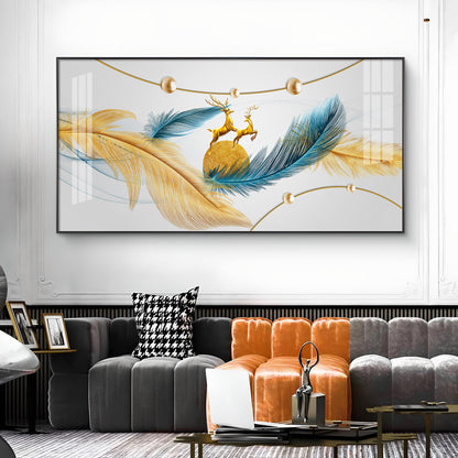 Golden Blue Feathers Glass Finish Horizontal Wall Art