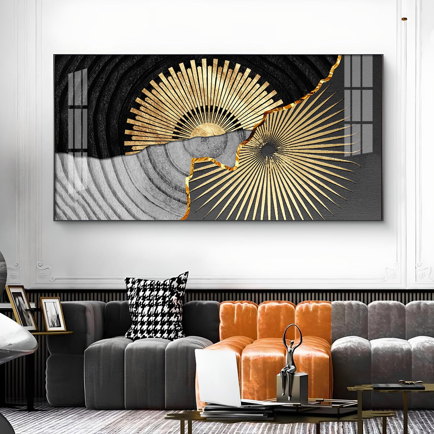 Golden Texture Fusion Glass Finish Horizontal Wall Art