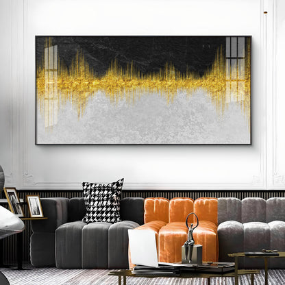 Abstract Marble Golden Black Glass Finish Horizontal Wall Art