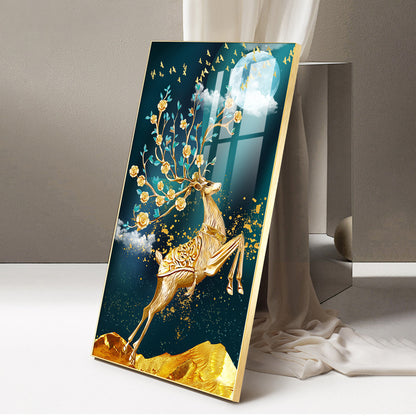 Golden Antlers and Blossoms Glass Finish Vertical Wall Art