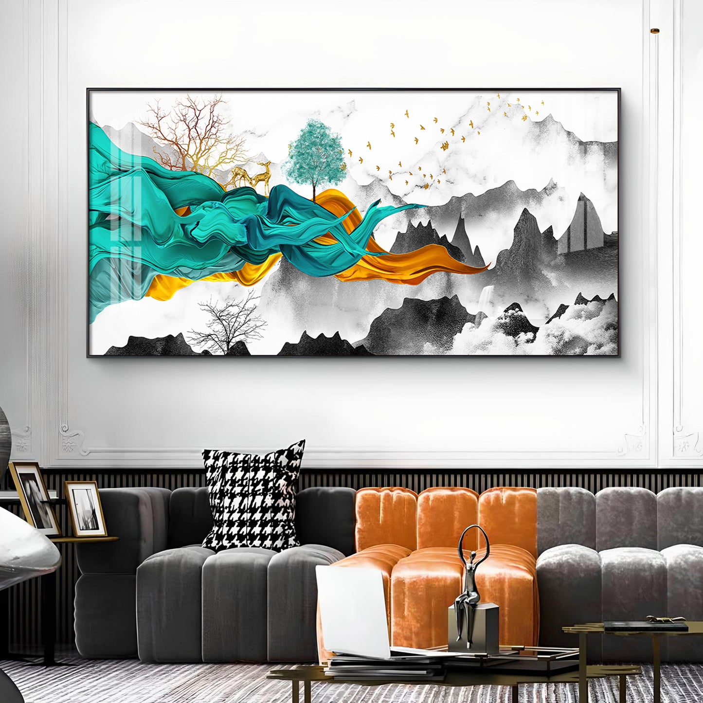 Geometric Abstract Art With Golden Texture Glass Finish Horizontal Wall Art