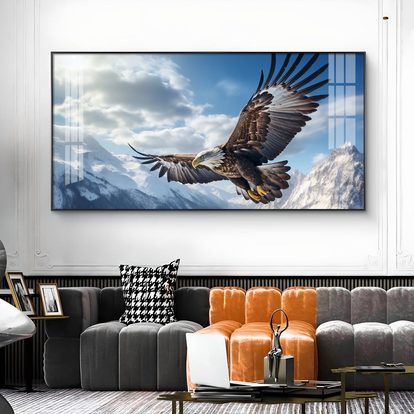 Eagle Flying Over Mountains Glass Finish Horizontal Wall Art