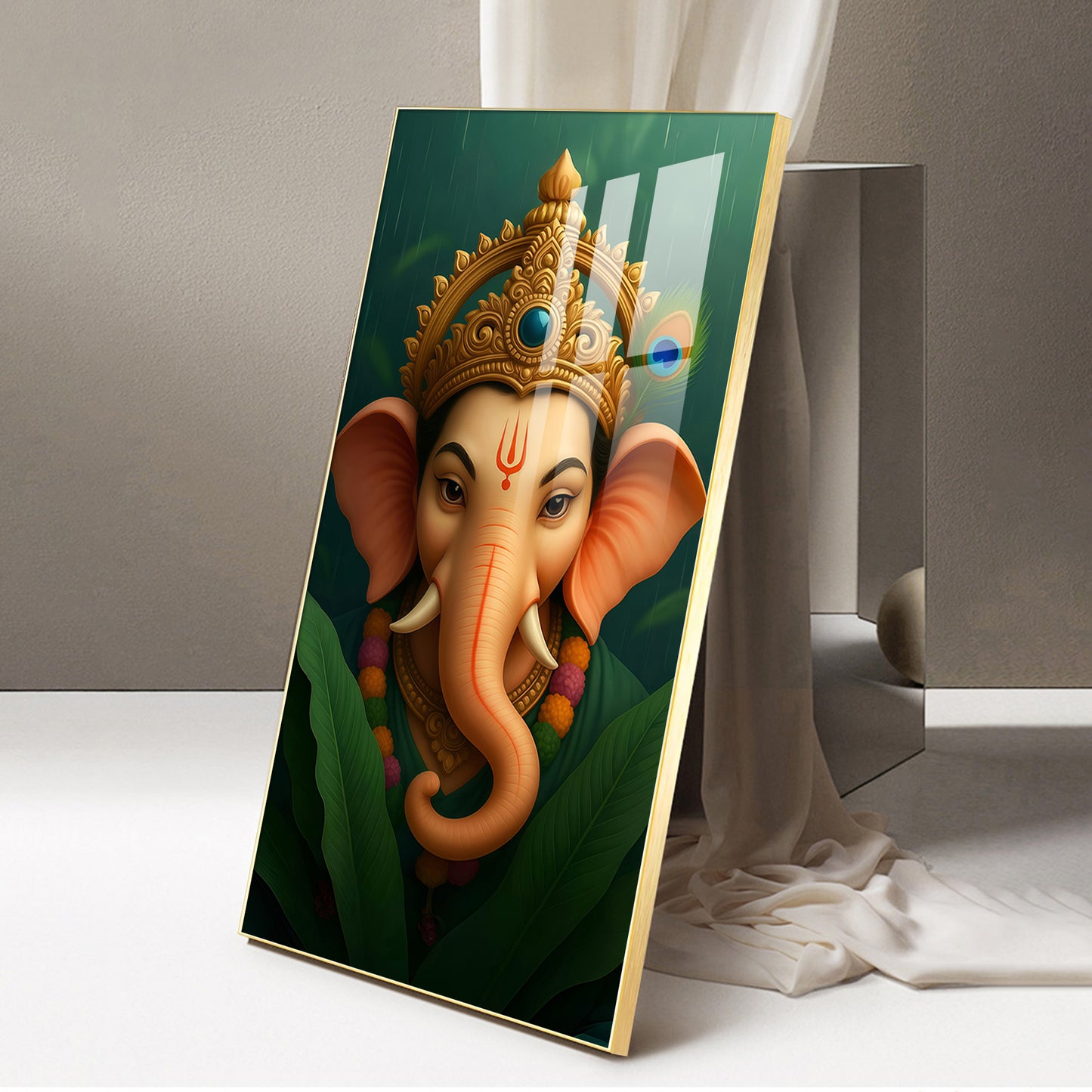 Vibrant Lord ganesha Artwork Glass Finish Vertical Wall Art