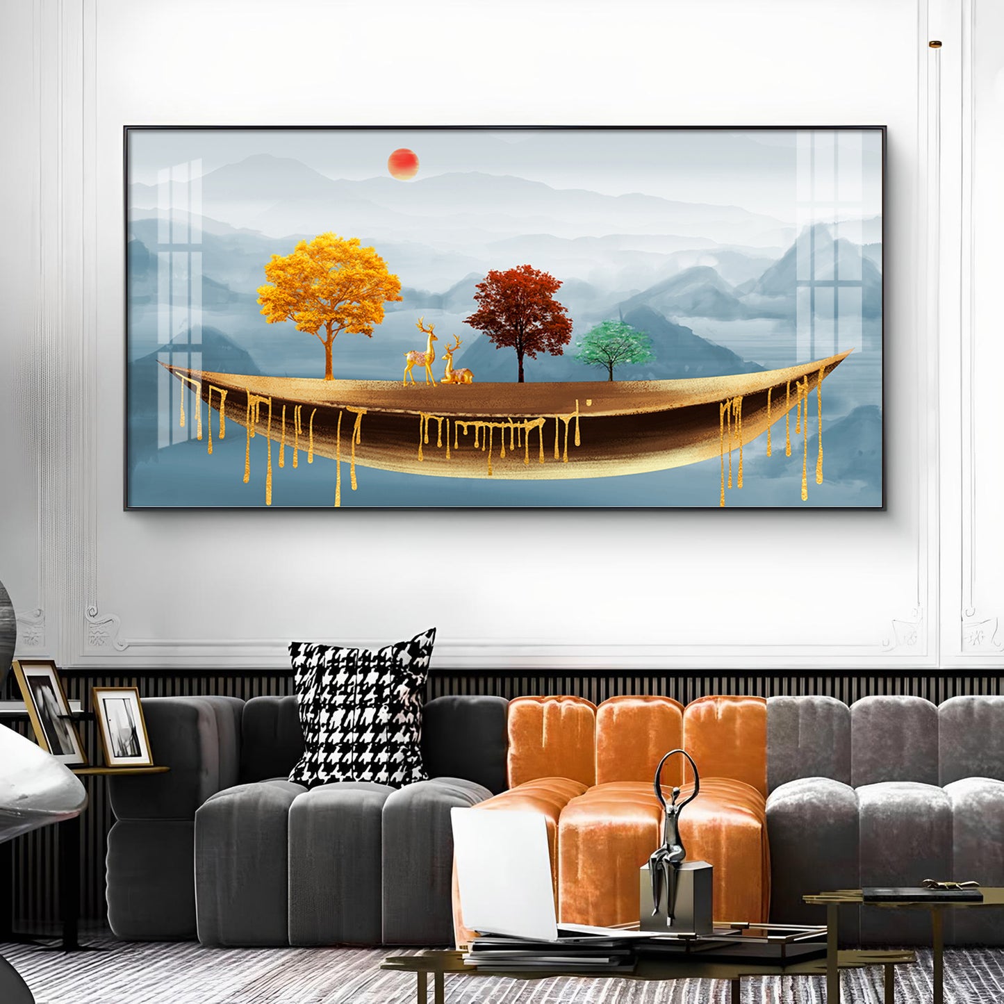 Golden Abstract Landscape Art Colored Line Tree Glass Finish Horizontal Wall Art