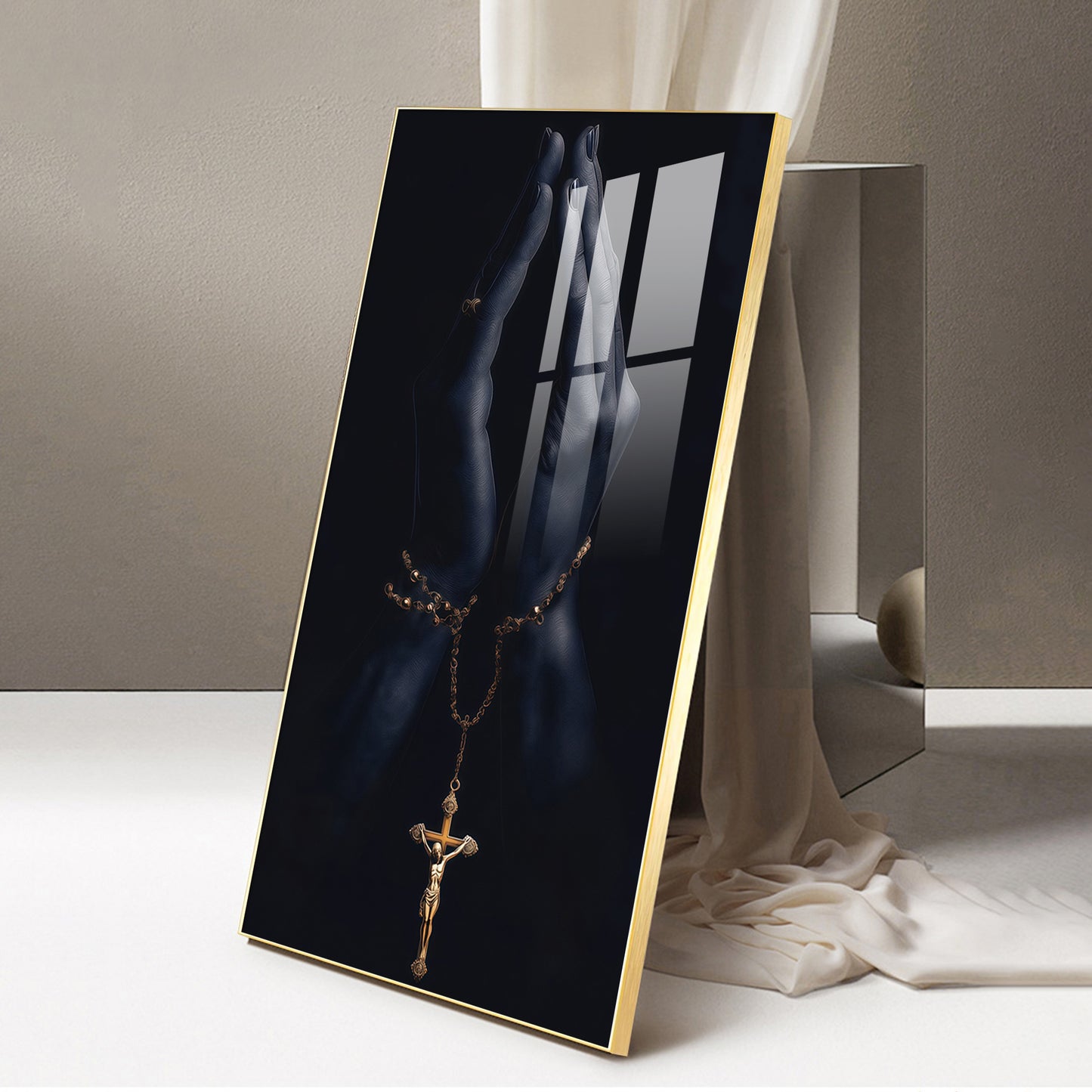 Jesus On The Cross Hand Glass Finish Vertical Wall Art
