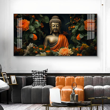 Luminous Buddha With Flower Glass Finish Horizontal Wall Art