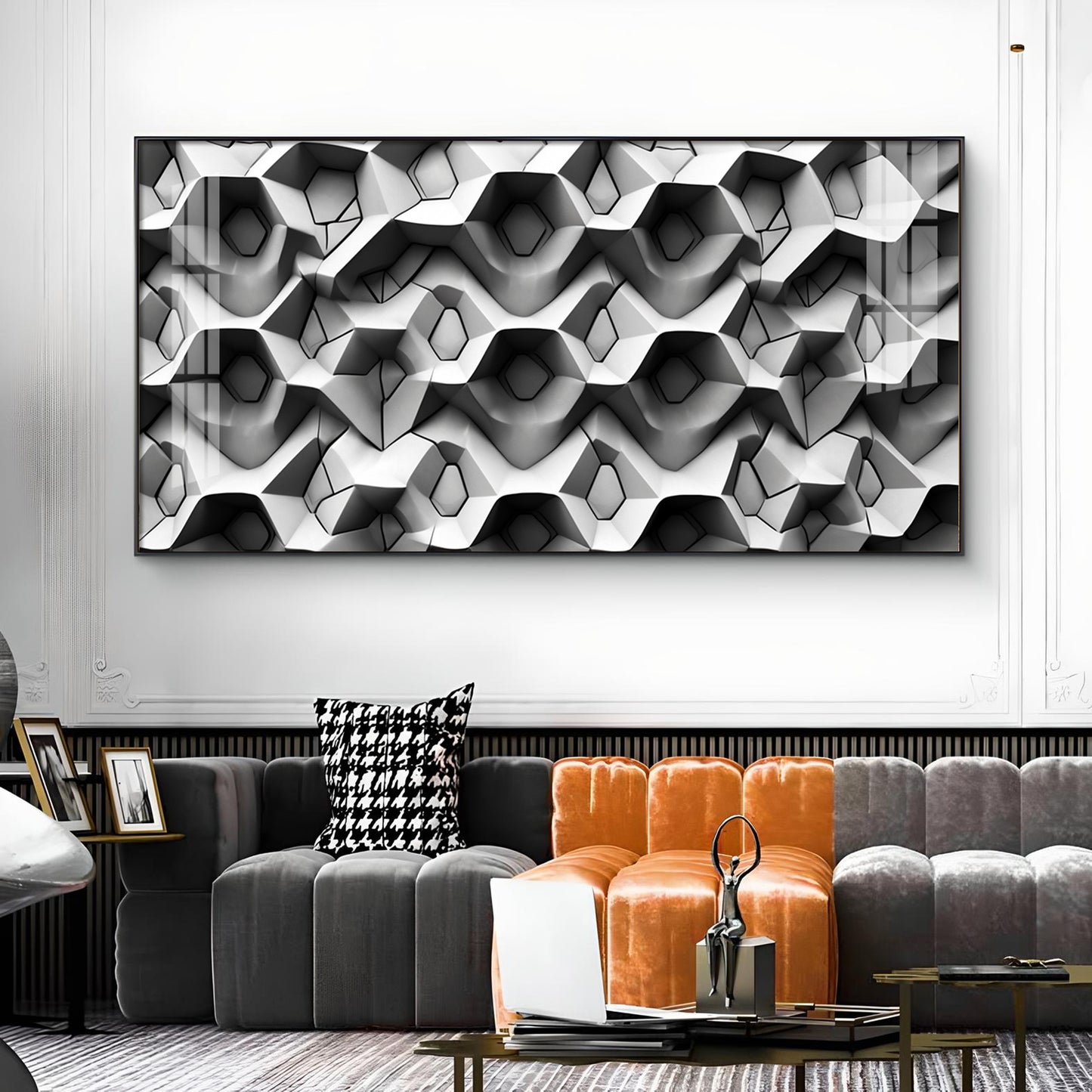 Beautiful Geometric Gray Background Glass Finish Horizontal Wall Art