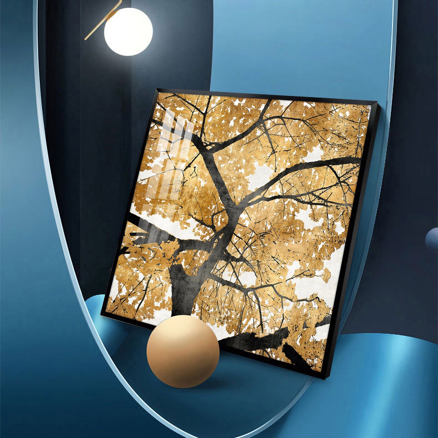 Radiant Tree of Gold Glass Finish Square Wall Art