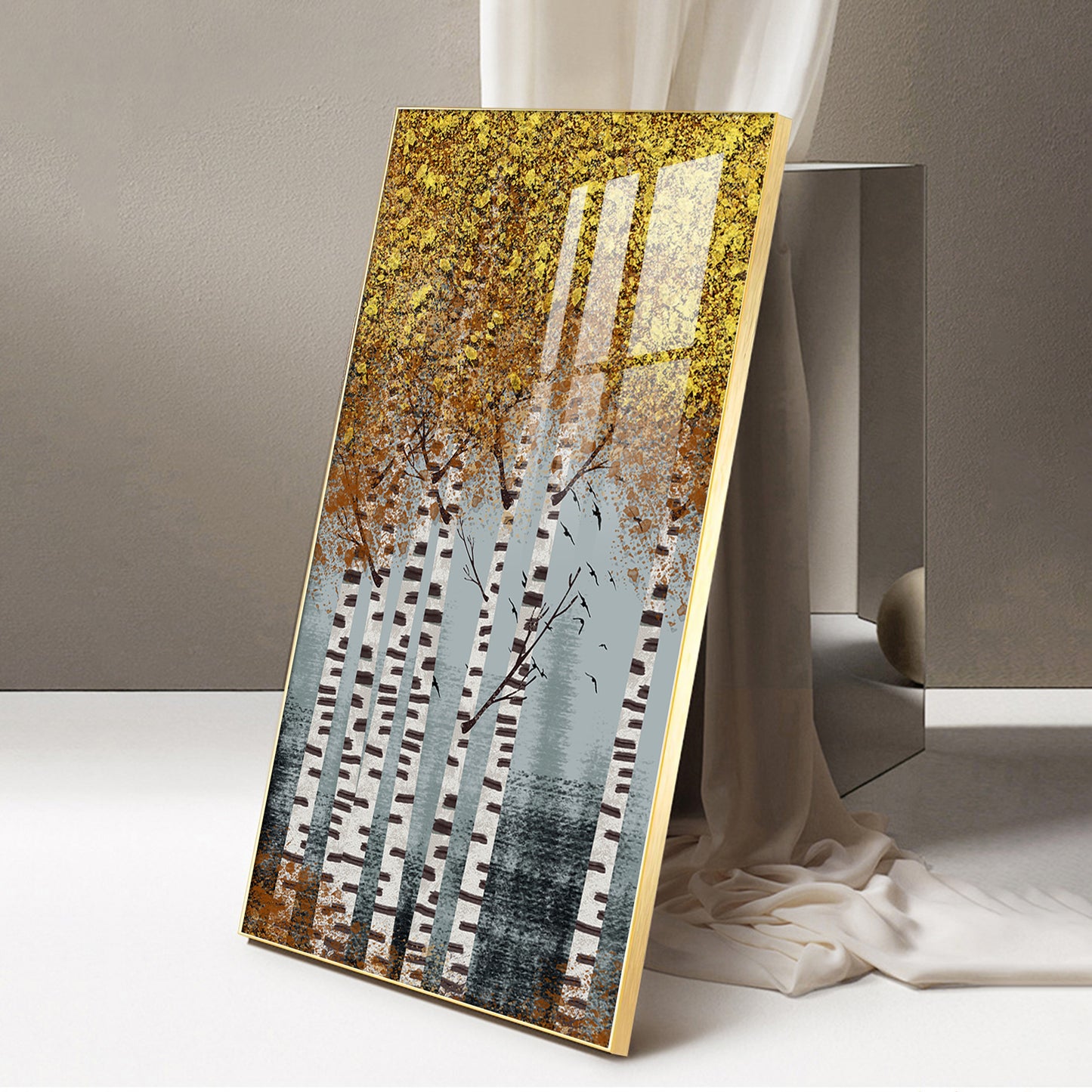 Autumnal Birch Reverie Glass Finish Vertical Wall Art