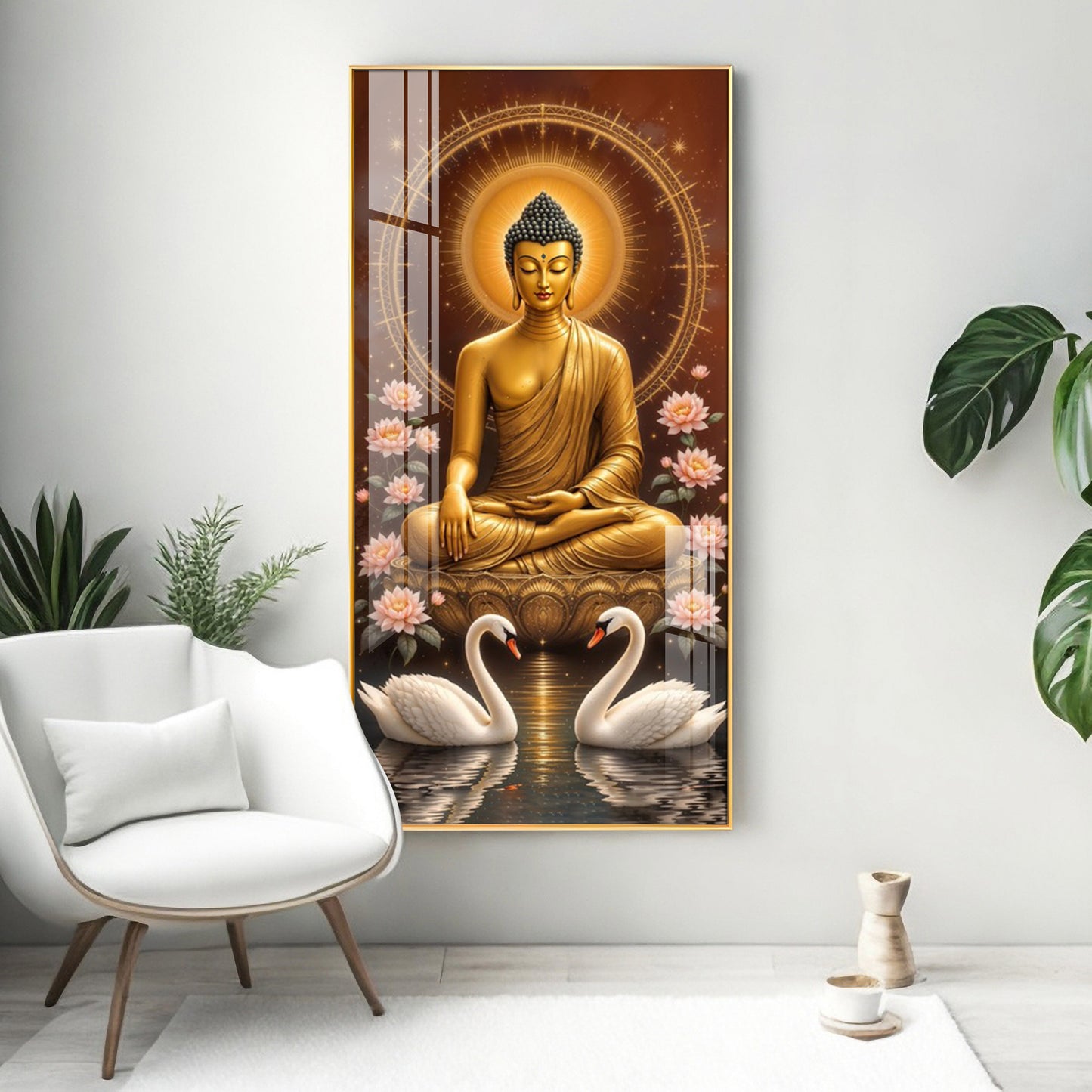 Meditating Budha With Swarn Glass Finish Vertical Wall Art