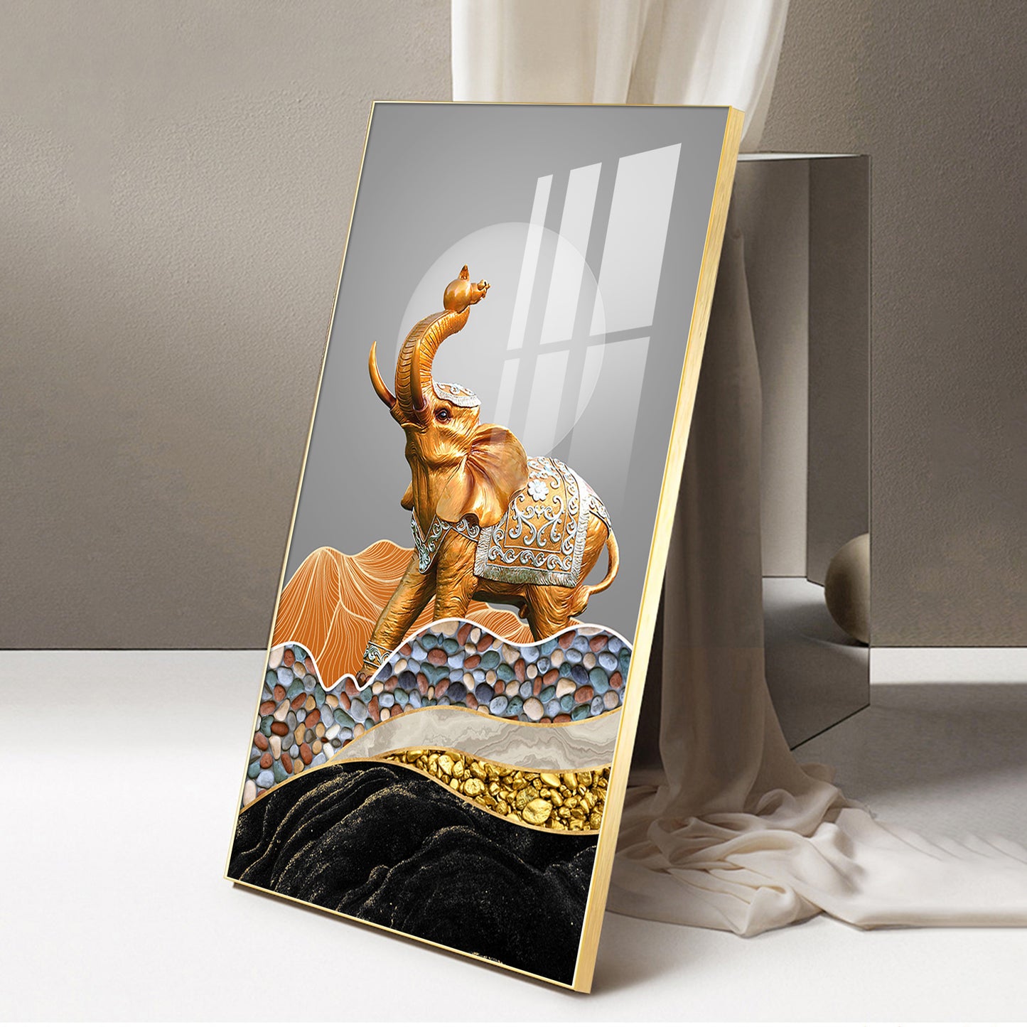 Gold and Silver Elephant Figurine Glass Finish Vertical Wall Art